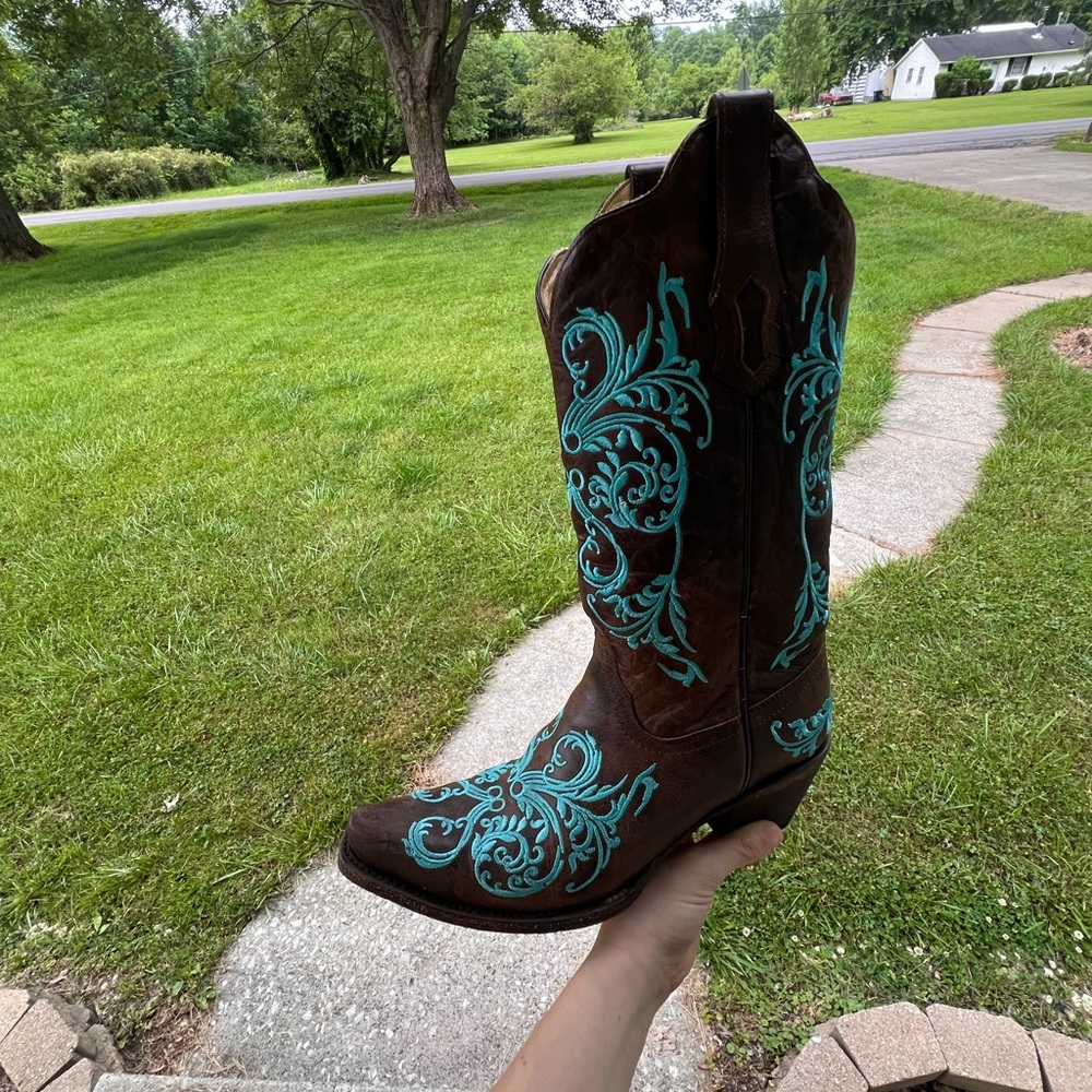Corral Brown and Blue Heeled Boots with Intricate Embroidery